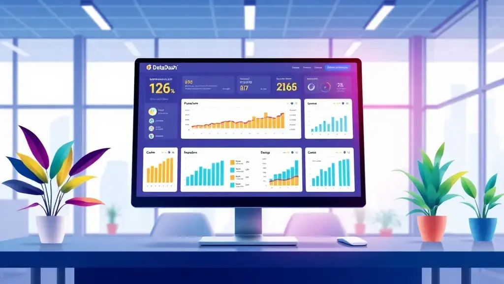 Illustration of the DataDash platform interface displaying real-time data analytics in a modern office setting.